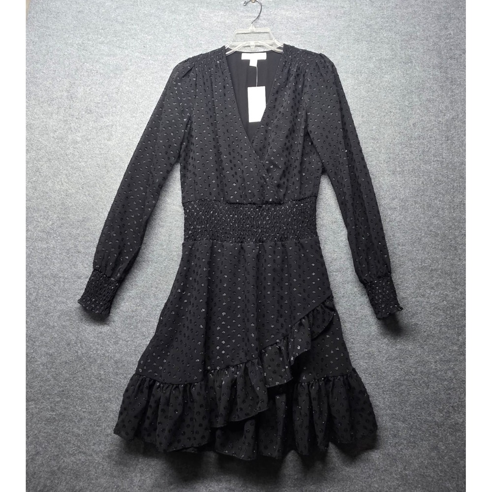 MICHAEL Michael Kors Women's Black Ruffle Wrap Dress Size S Long Sleeve Floral